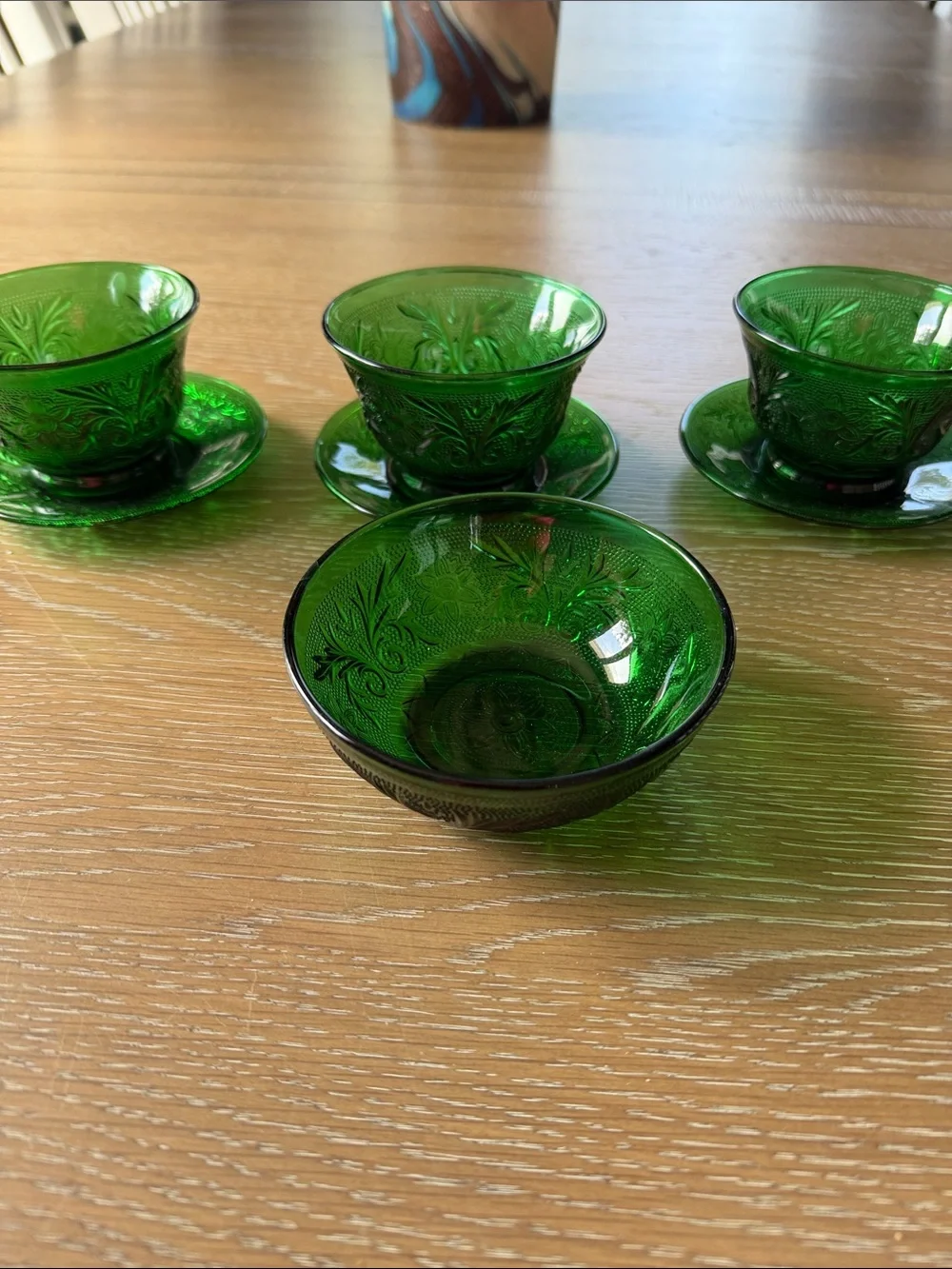 Anchor Hocking Vintage Emerald Green Pressed Glass Dessert Bowls and Plates Set